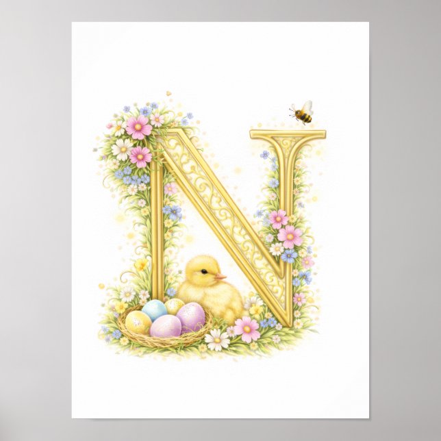 Poster Letter N Gold Spring Nature Monogram Duckling Kids (Frente)
