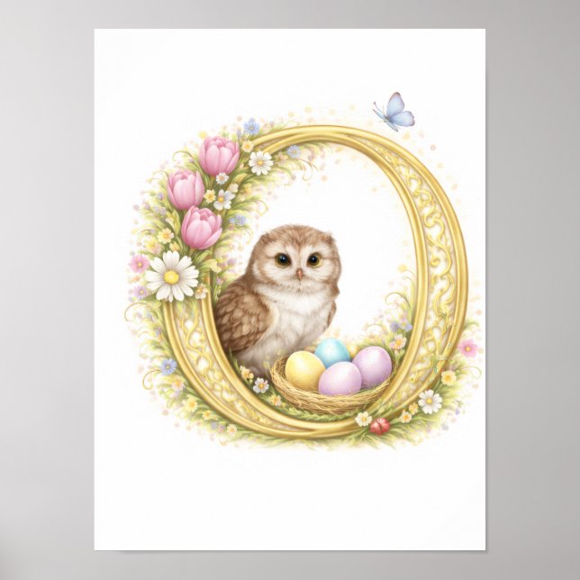 Poster Letter O Gold Spring Nature Monogram Owl Kids (Frente)