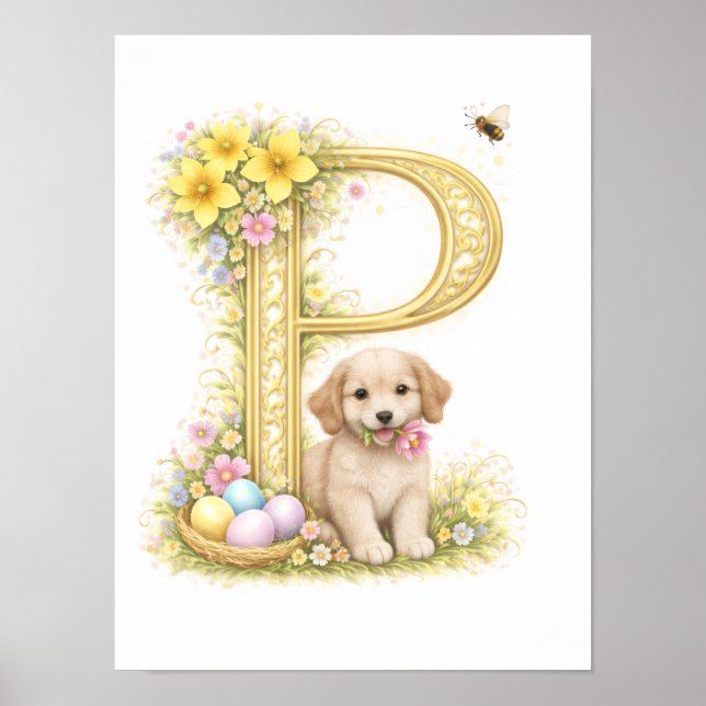 Poster Letter P Gold Spring Nature Monogram Kids Puppy  (Frente)