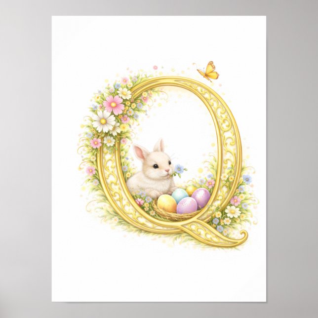 Poster Letter Q Gold Spring Nature Monogram Bunny Kids (Frente)