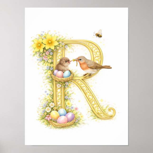Poster Letter R Gold Spring Nature Monogram Robins Kids  (Frente)