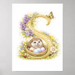 Poster Letter S Gold Spring Nature Monogram Hedgehog Kids
