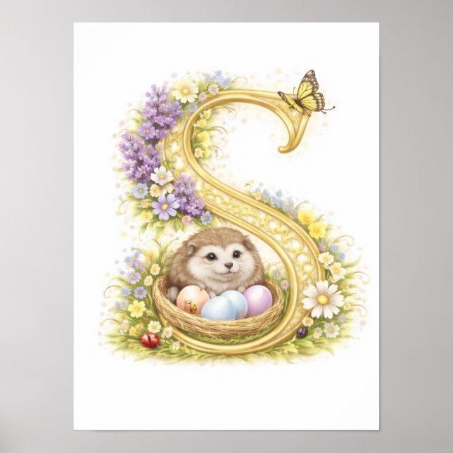 Poster Letter S Gold Spring Nature Monogram Hedgehog Kids (Frente)