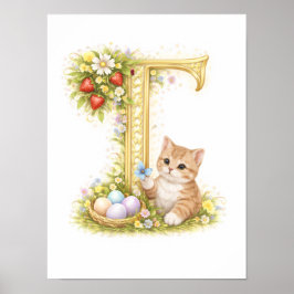 Poster Letter T Gold Spring Nature Monogram Kitten Kids