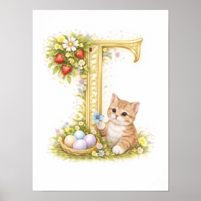 Poster Letter T Gold Spring Nature Monogram Kitten Kids  (Frente)