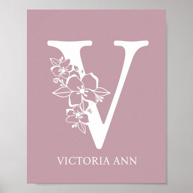 Poster Letter V Floral Monogram Name Nursery Modern (Frente)