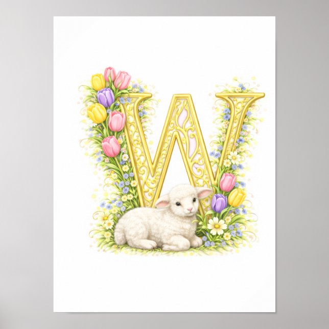 Poster Letter W Gold Spring Nature Monogram Baby Lamb Kid (Frente)