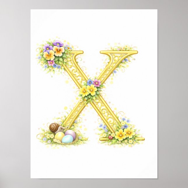 Poster Letter X Gold Spring Nature Monogram Pansy Kids (Frente)