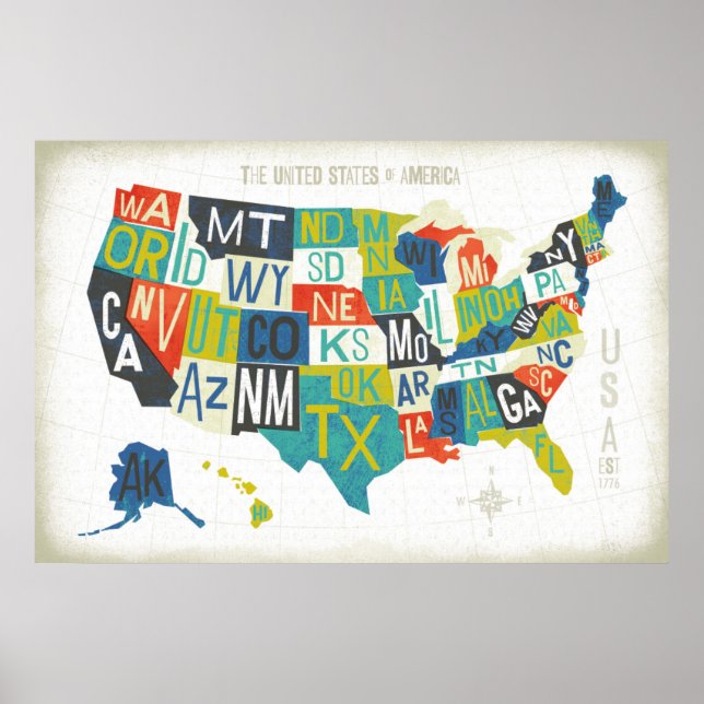Pôster Letterpress USA Map (Frente)