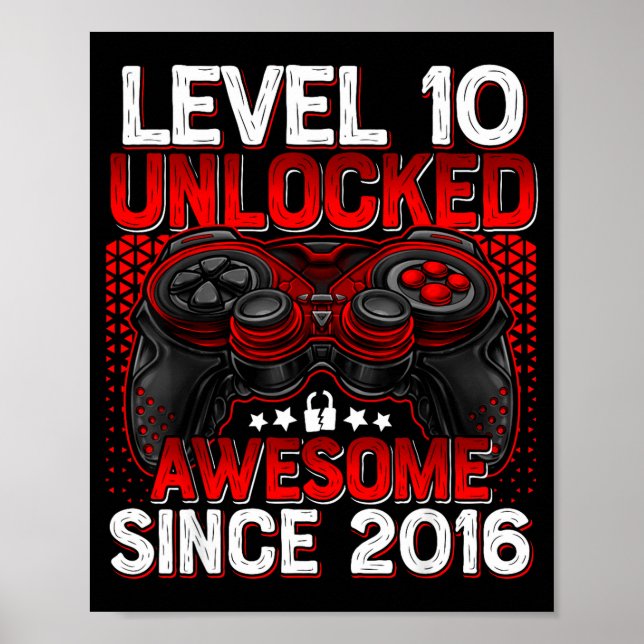 Poster Level 10 Unlocked 10 Year Old Boys 10th Birthday B (Frente)