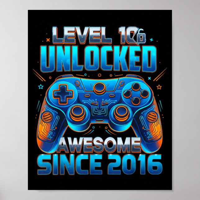 Poster Level 10 Unlocked Awesome Since 2016 10th Birthday (Frente)