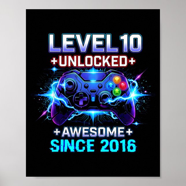 Poster Level 10 Unlocked Awesome Since 2016 10th Birthday (Frente)