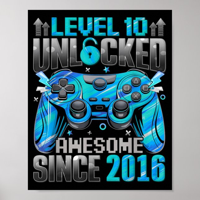 Poster Level 10 Unlocked Awesome Since 2016 10th Birthday (Frente)