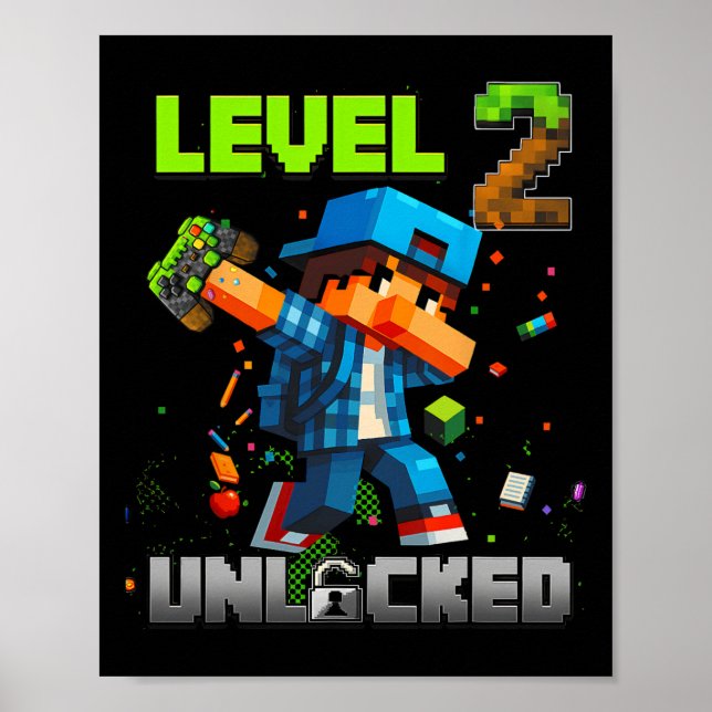 Poster Level 2 Unlocked Funy Birthday Boy Pixel Gamer 2nd (Frente)