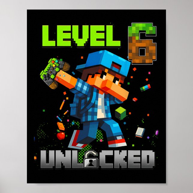 Poster Level 6 Unlocked Funy Birthday Boy Pixel Gamer 6th (Frente)