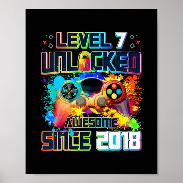 Poster Level 7 Unlocked 7 Year Old Video Gamer 7th Birthd (Frente)