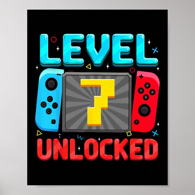 Poster Level 7 Unlocked 7th Birthday Boy Gamer 7 Year Old (Frente)