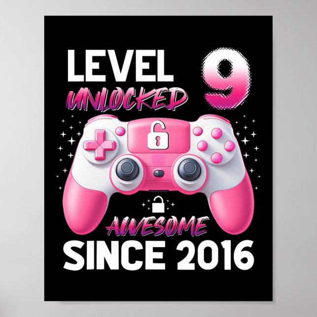 Poster Level 9 Unlocked Awesome Since 2016 Video Gamer Gi (Frente)