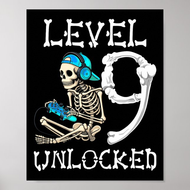 Poster Level 9 Unlocked Skeleton Gamer Video Gaming 9th B (Frente)