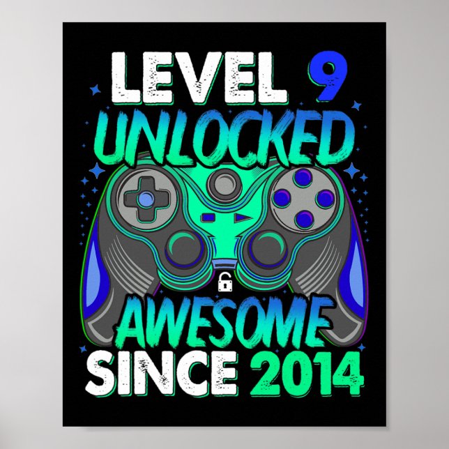 Poster Level 9 Unlocked Video Game 9 Years Old Boy 9th Bi (Frente)