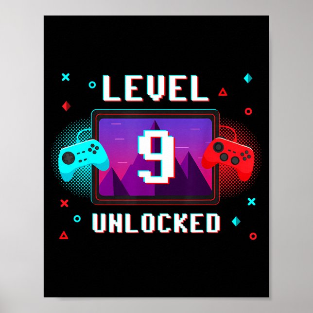 Poster Level 9 Unlocked Video Gamer Funny 9th Birthday Bo (Frente)