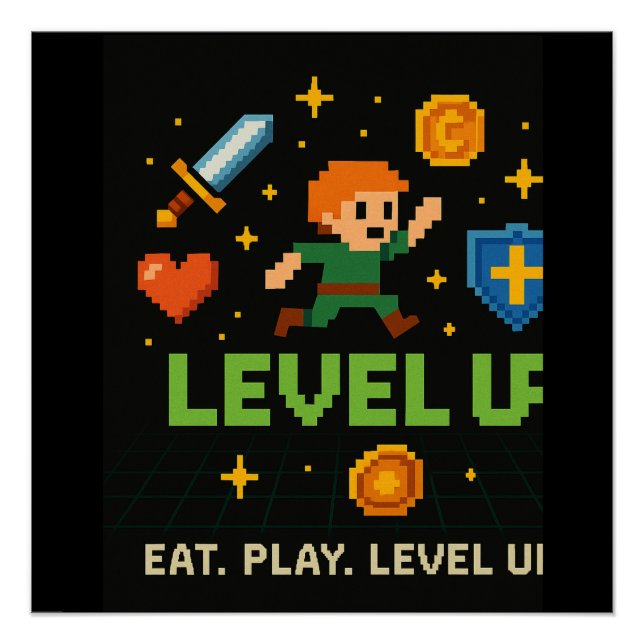 Pôster Level Up Gamer Poster – Retro Pixel Gaming Art (Frente)