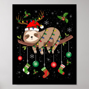 Poster Leves Xmas Lighting Reindeer Santa Hat Sloth Chri