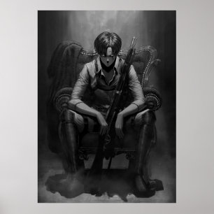 Poster Levi Do Capten Preto E Branco Com A Arma