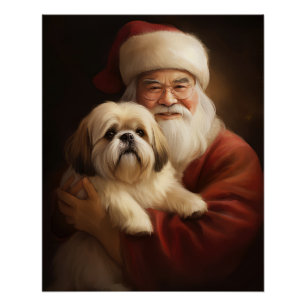 Pôster Lhasa Apso Com Papai Noel Natal Festivo