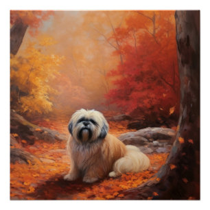 Pôster Lhasa Apso no outono Folhas caem inspiração