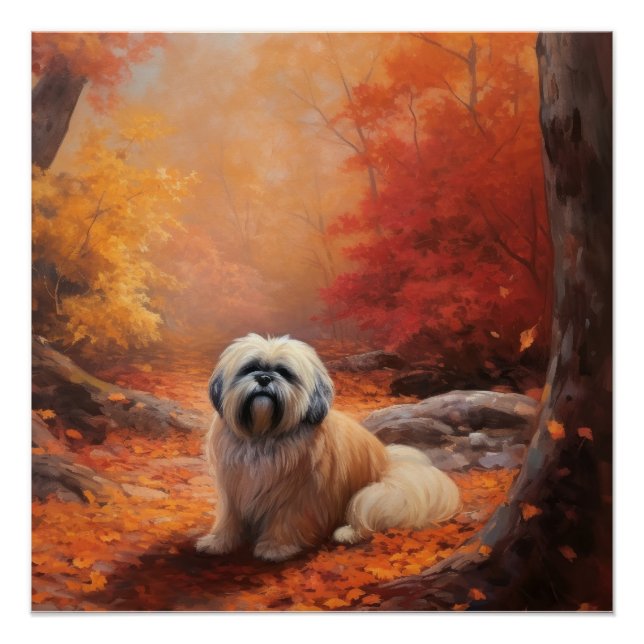 Pôster Lhasa Apso no outono Folhas caem inspiração (Frente)