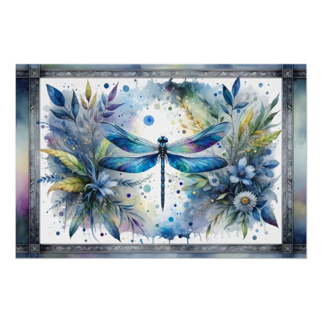Pôster Libélula Azul Aquarela Botânica (Frente)