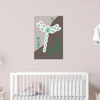 Poster Libélula Floral Voadora com Salpico de Cor Verde