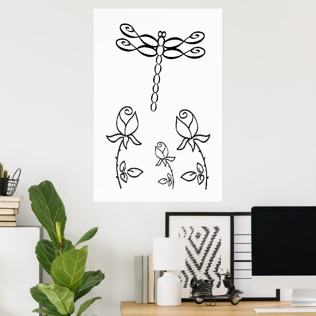 Poster Libélula Infinity com Rosas Preto e Branco (Escritório em casa)
