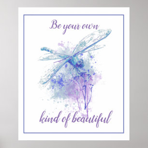 Poster Libélula Original em Aquarela em Azul Malva Citaçã
