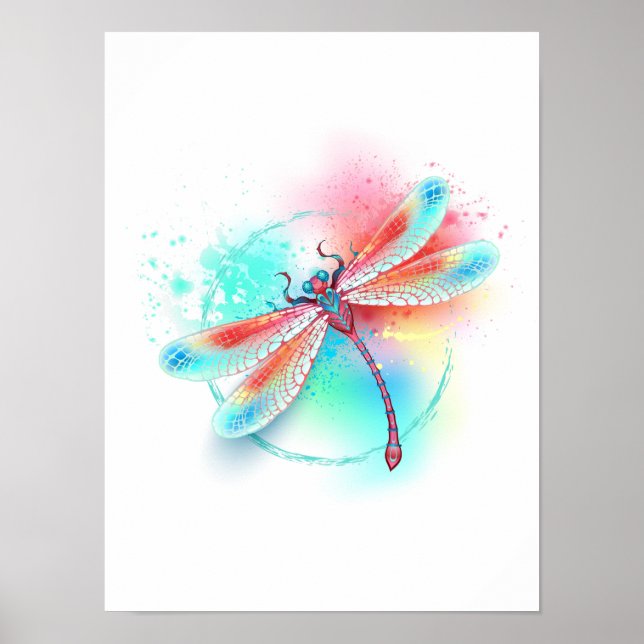 Poster libélula vermelha sobre fundo de aquarela (Frente)