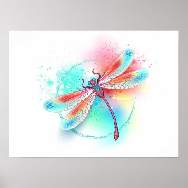 Poster libélula vermelha sobre fundo de aquarela (Frente)