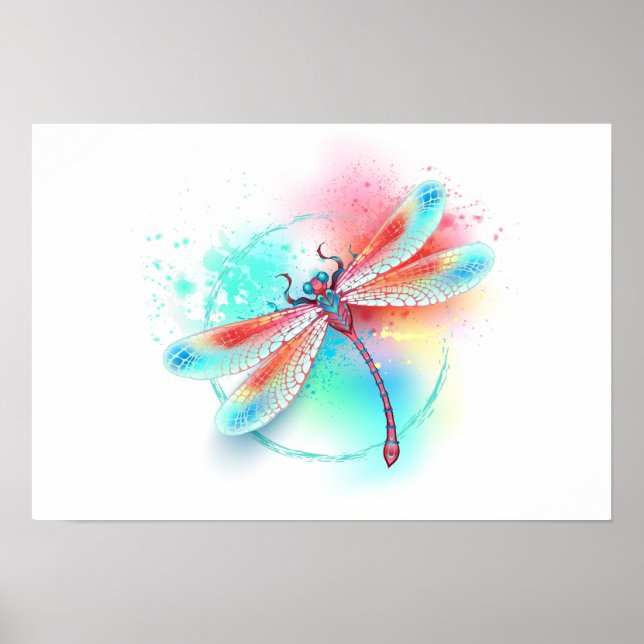 Poster libélula vermelha sobre fundo de aquarela (Frente)