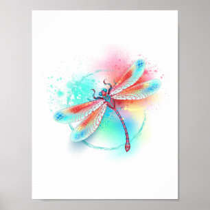 Poster libélula vermelha sobre fundo de aquarela