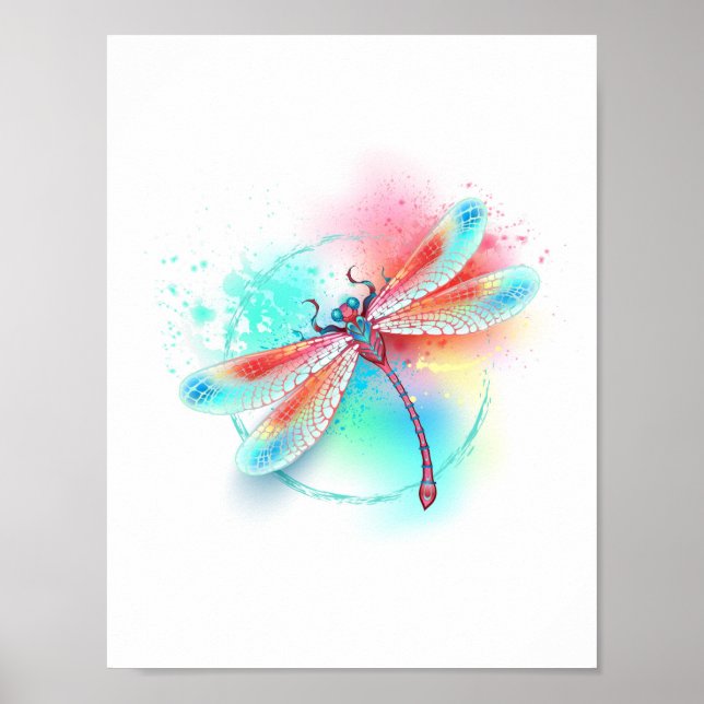 Poster libélula vermelha sobre fundo de aquarela (Frente)