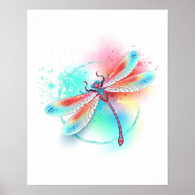 Poster libélula vermelha sobre fundo de aquarela (Frente)