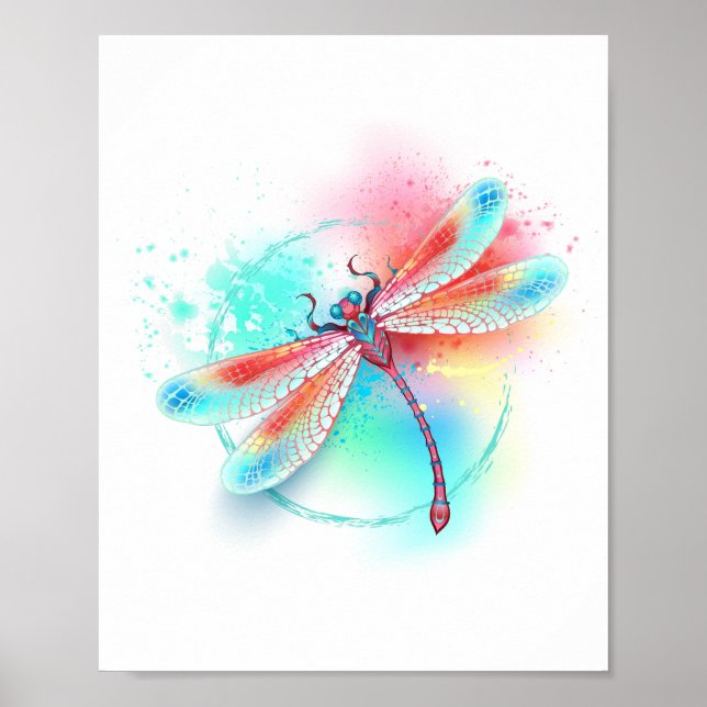 Poster libélula vermelha sobre fundo de aquarela (Frente)