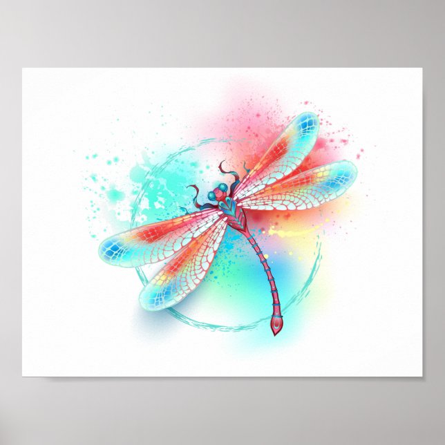 Poster libélula vermelha sobre fundo de aquarela (Frente)