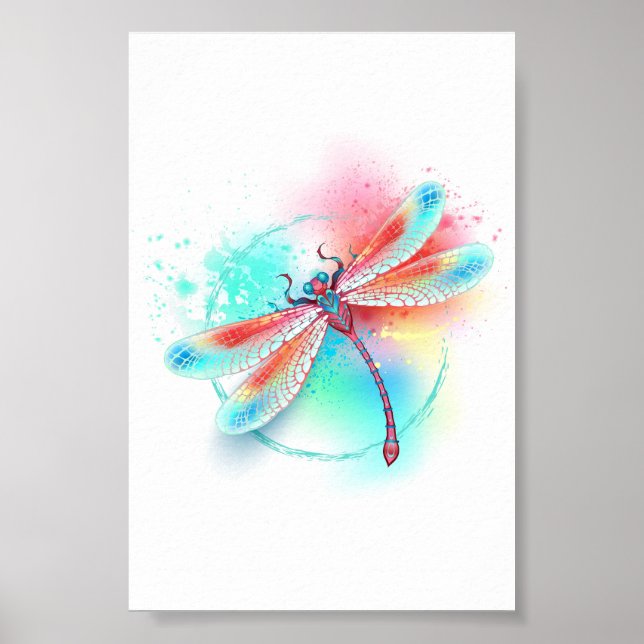 Poster libélula vermelha sobre fundo de aquarela (Frente)