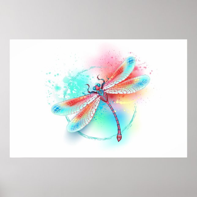 Poster libélula vermelha sobre fundo de aquarela (Frente)