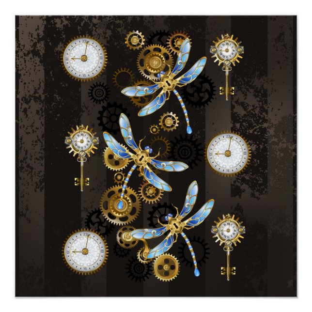 Pôster Libélulas Steampunk em fundo listrado marrom (Frente)