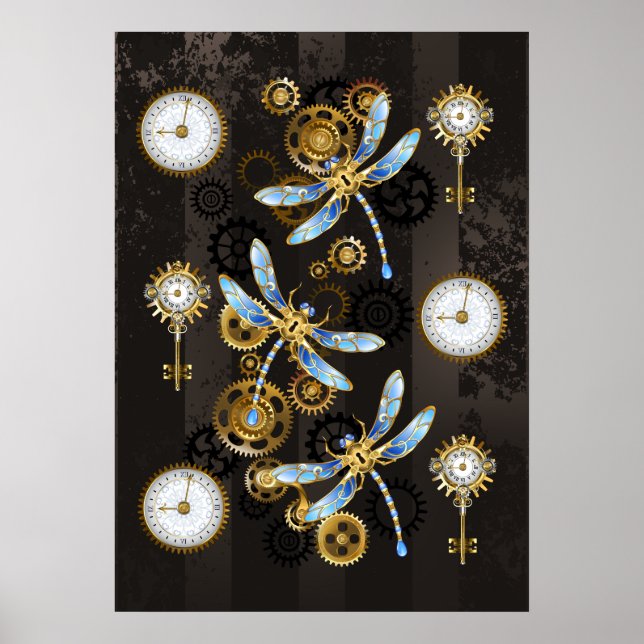 Poster Libélulas Steampunk em fundo listrado marrom (Frente)