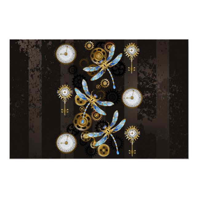 Pôster Libélulas Steampunk em fundo listrado marrom (Frente)
