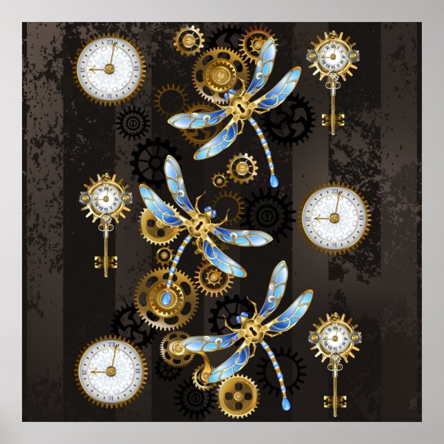 Poster Libélulas Steampunk em fundo listrado marrom (Frente)