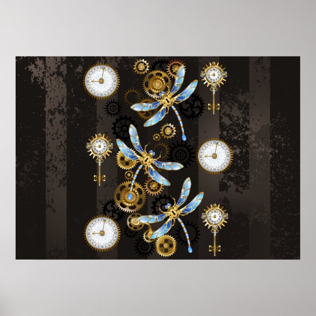 Poster Libélulas Steampunk em fundo listrado marrom (Frente)